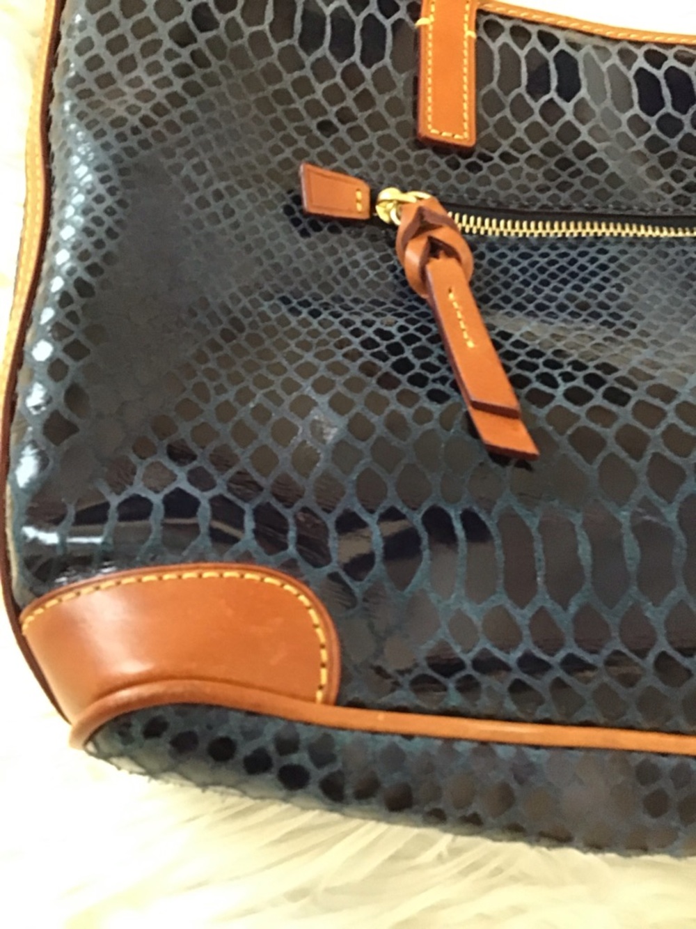 DOONEY & BOURKE Dark Blue Exotic Leather Tan Straps Tote Excellent - Picture 13 of 16